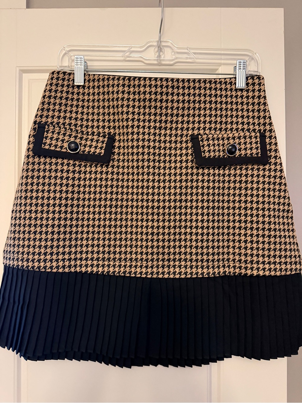 Houndstooth Mini Skirt with Black Pleated Hem